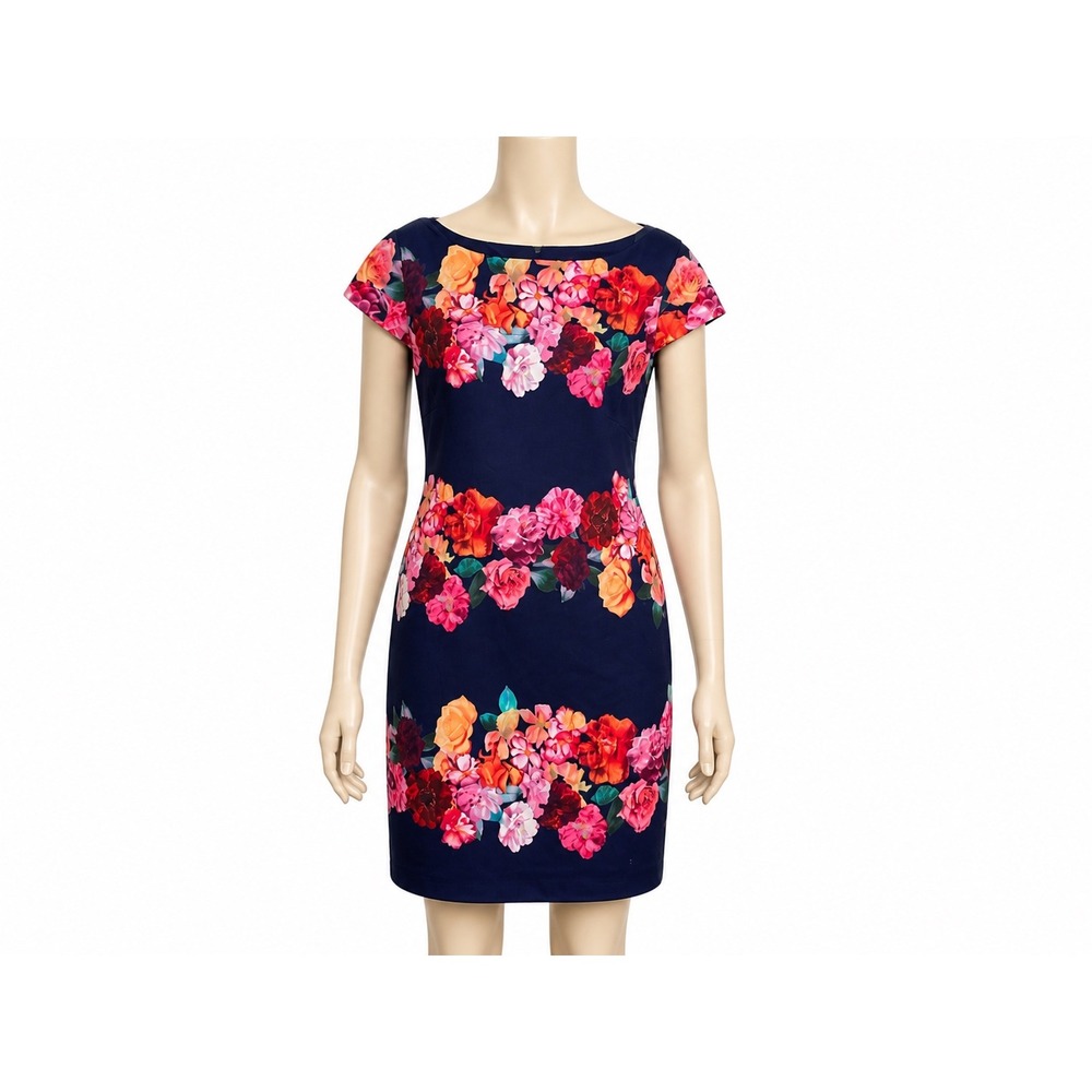 Vince Camuto Dress Womens 12 Navy Blue Floral Sheath Boat Neck Cap Sleeve Zipper